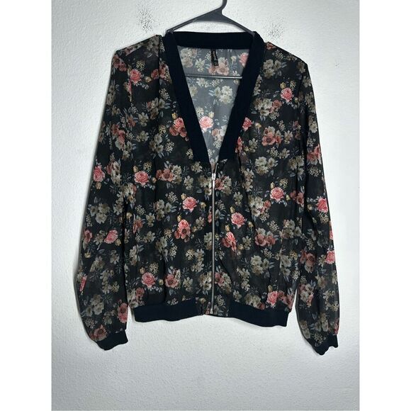 Stradivarius Chaqueta Bomber Floral Print Size M Black Pink Zip Transparent - Picture 1 of 10